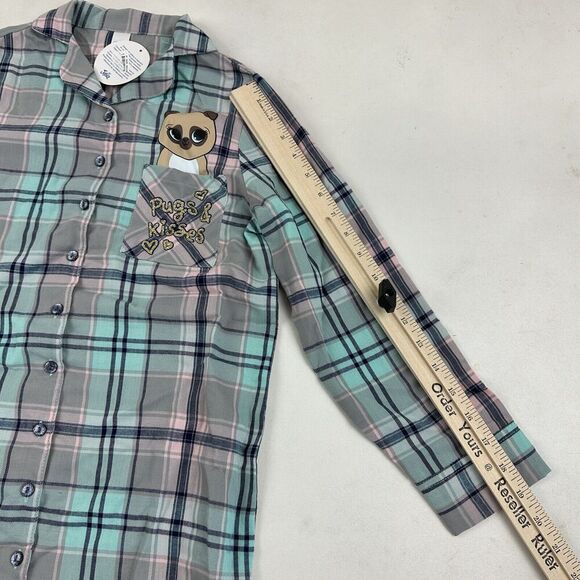 NWT Justice Blue Pink Plaid Button Front Pajama Night Shirt Dress L/S Flannel 8 - Picture 3 of 9